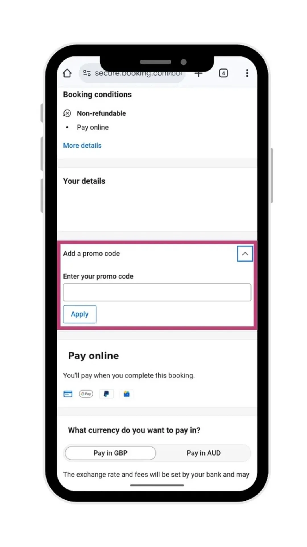 A screenshot of where to add your booking.com promo code at checkout.