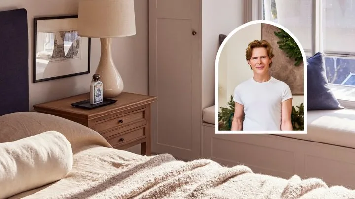 a cream bed with a side table, lamp and artwork, with an inset image of loui burke