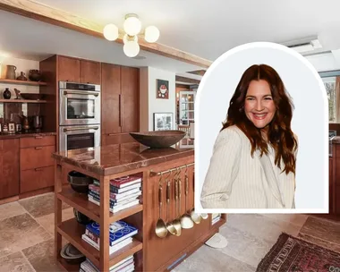 Drew Barrymore inset with country home kitchen