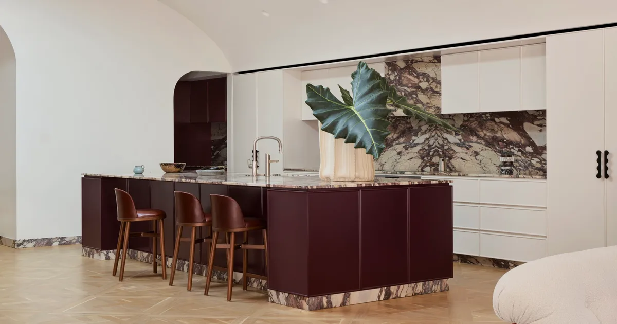 Beautiful burgundy: Red wine is the hero in this galley kitchen