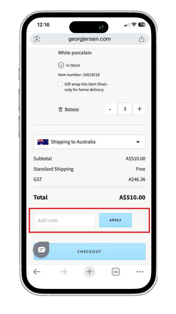 A screenshot of where to add a Georg Jensen discount code at checkout.