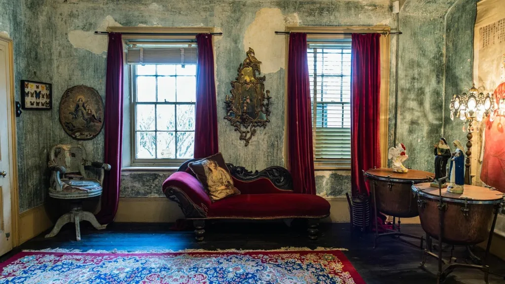 Room inside a Georgian house with a red chaise longue, velvet curtains, ornate wall decor, and a colorful rug.