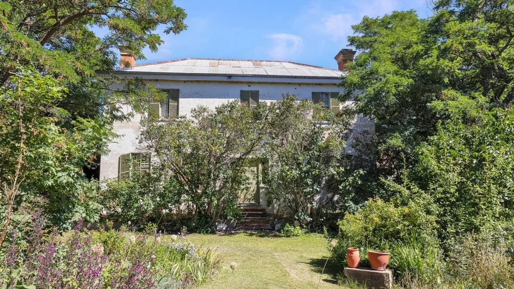 Large white house surrounded by lush green trees and plants, featuring a metal roof and shuttered windows.