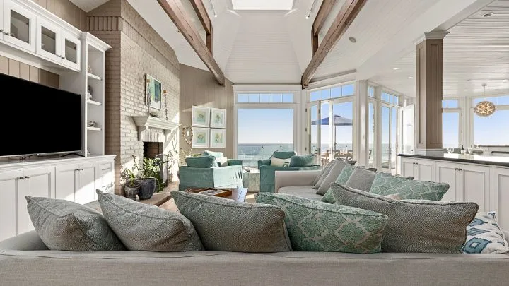 a coastal themed living room in the real hannah montana house in malibu