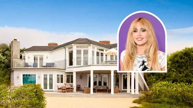 the exterior of the hannah montana house in real life with an inset image of Miley Cyrus