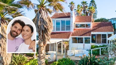 matty j and laura byrne inset with a before image of their south coast renovation project, chante mer house