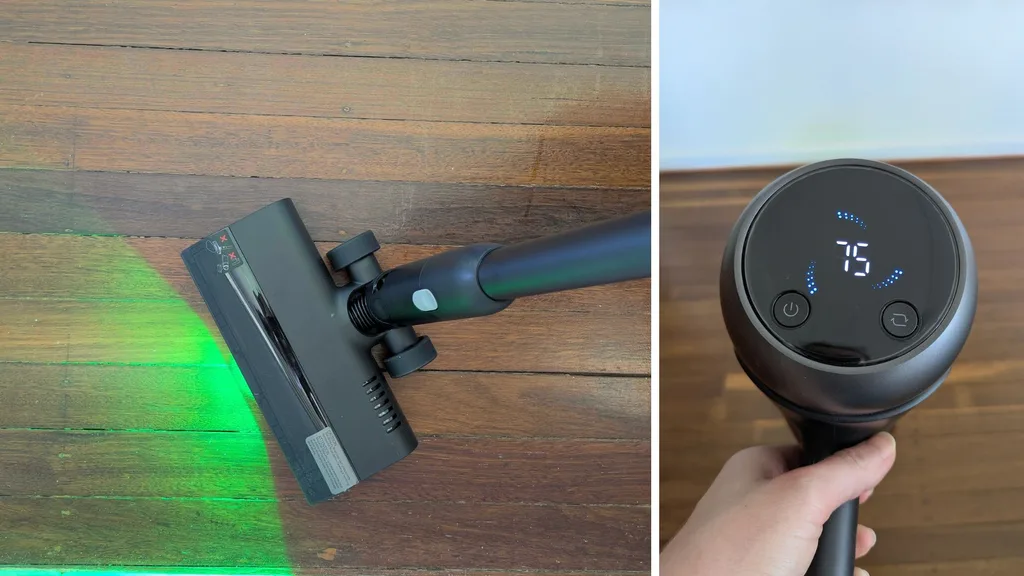 Roborock H60 Hub Ultra review: The brush and light on the head of the vacuum, alongside the LED display for remaining battery time.