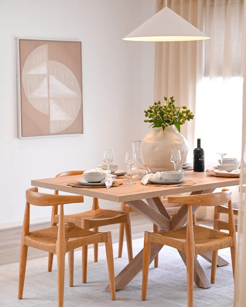 a modern, light timber dining table with a beautiful neutral toned table setting, vase and greenery from Selling Houses Australia season 18