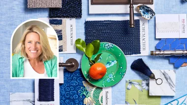 A blue toned mood board with swatches of fabric and metal tapware samples, with an inset image of Wendy Moore