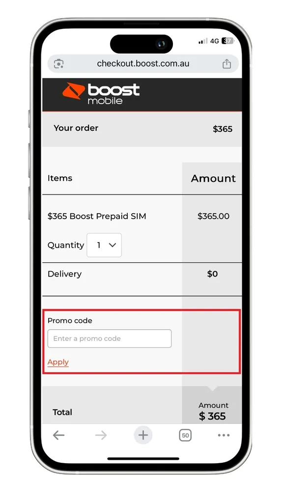 The Boost Mobile promo code field at the checkout.