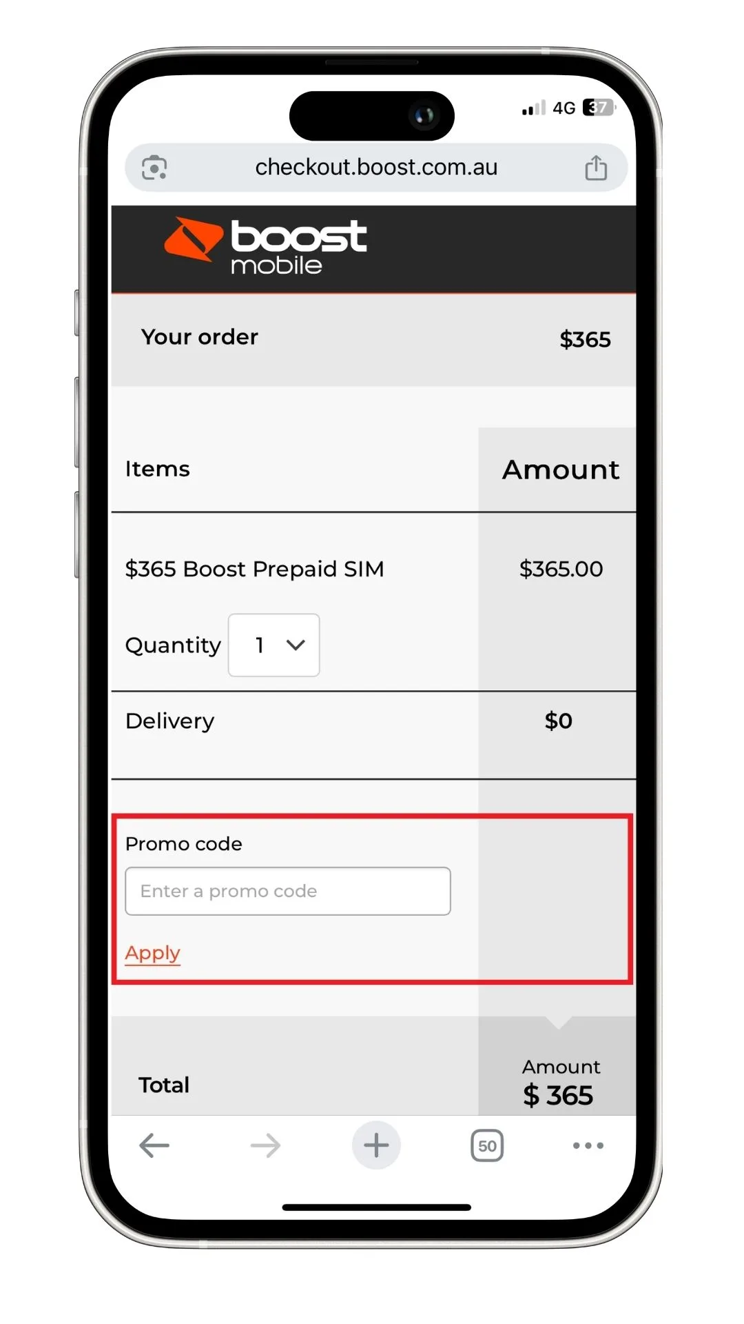The Boost Mobile promo code field at the checkout.