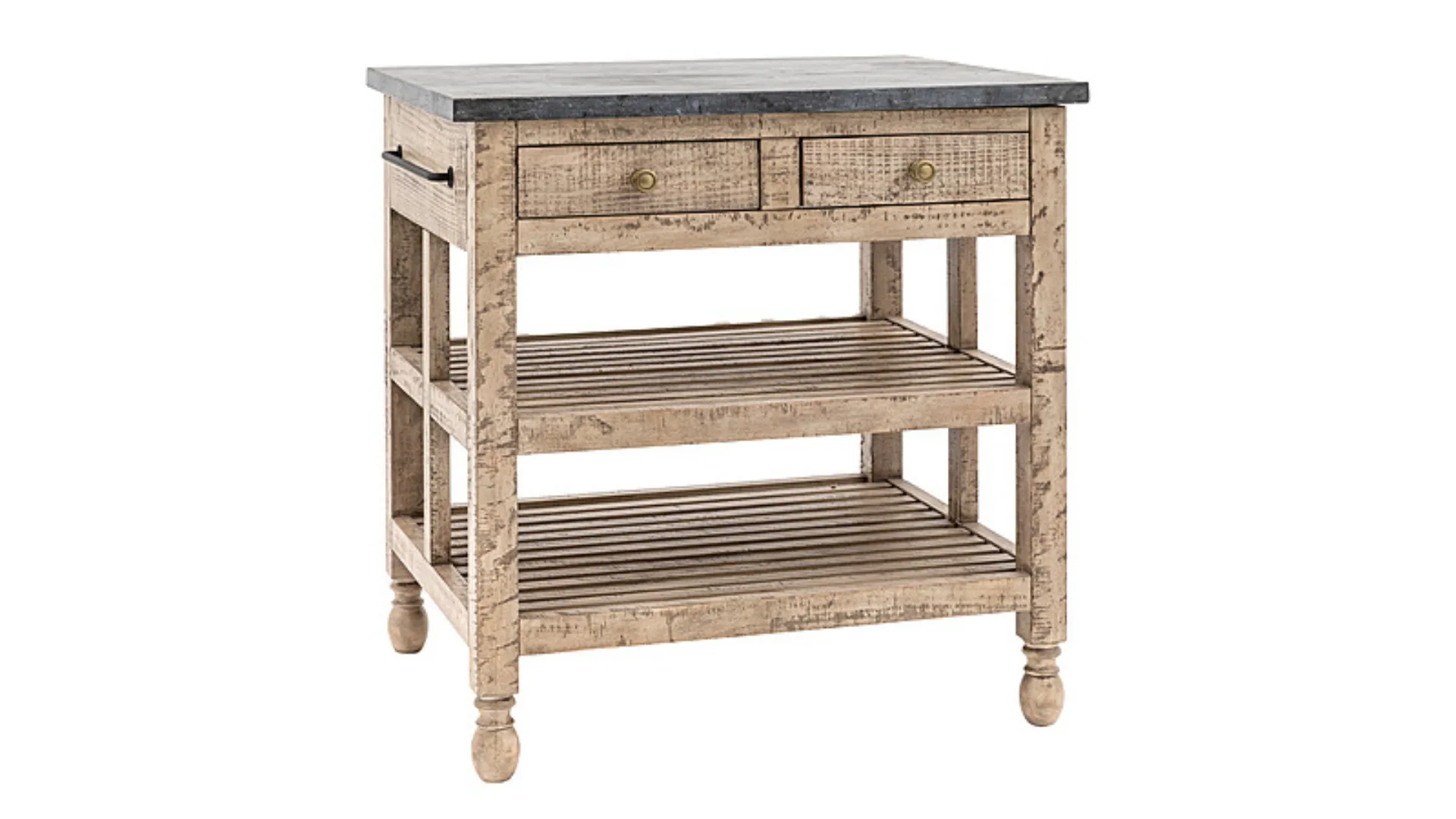 A rustic and weathered freestanding kitchen island with dark top, perfect for dark cottagecore styles.