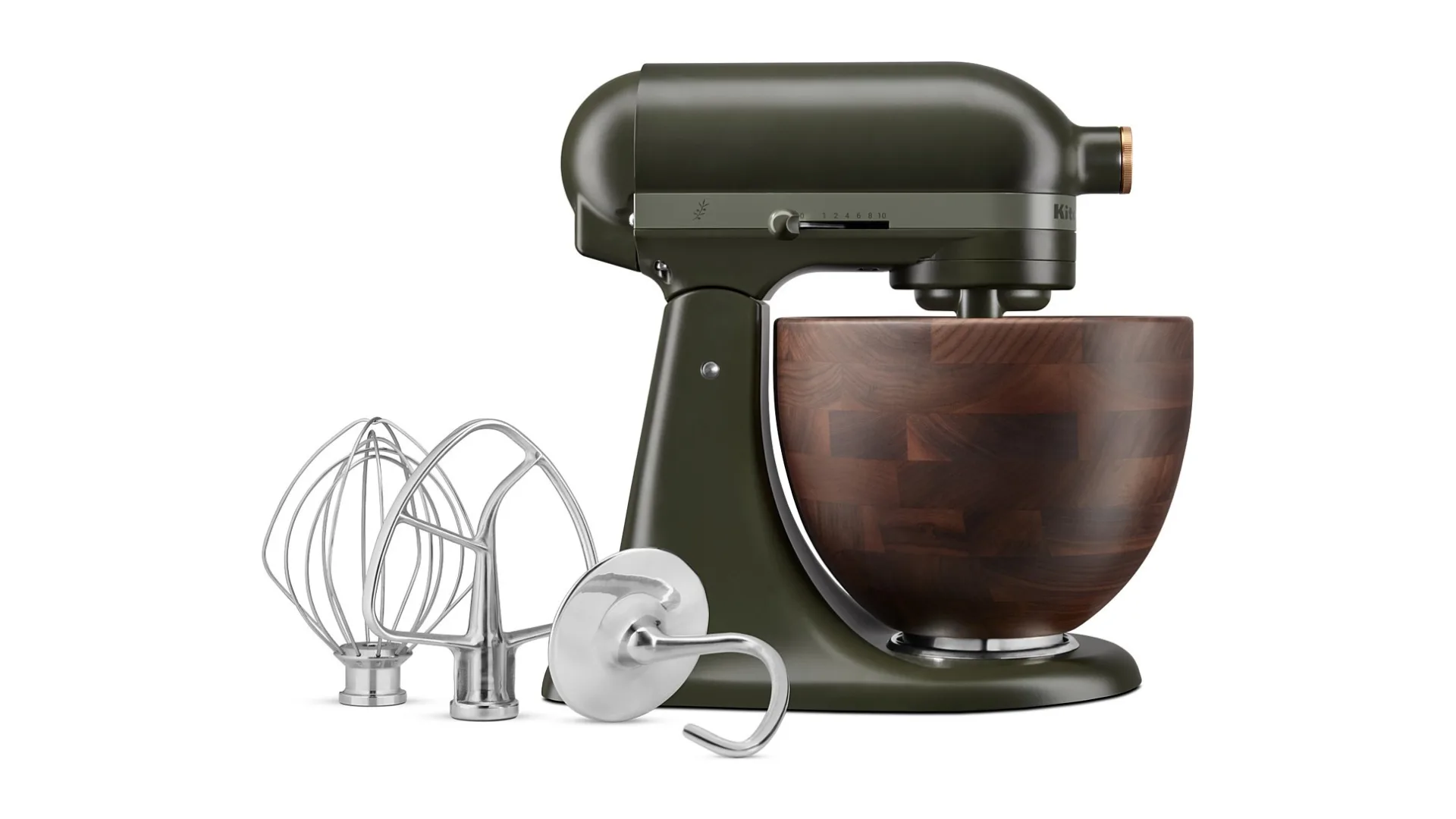 A dark green kitchenaid stand mixer with wooden bowl, perfect for dark cottagecore styles.