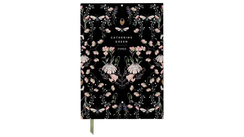 A recipe journal with black background on the cover, pink floral and buttery pattern on top, perfect for dark cottagecore styles.