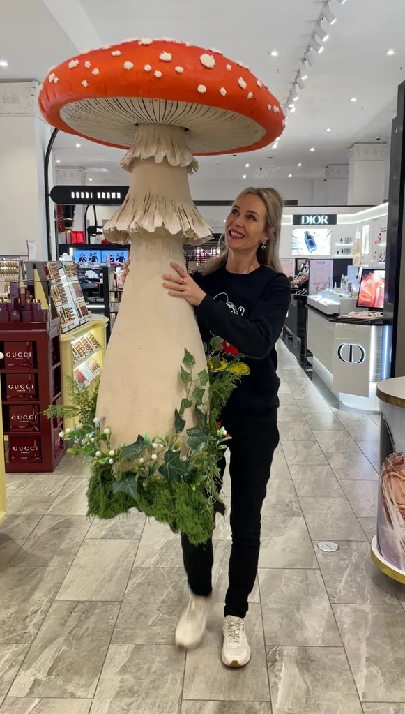 Fleur Harris with a giant mushroom