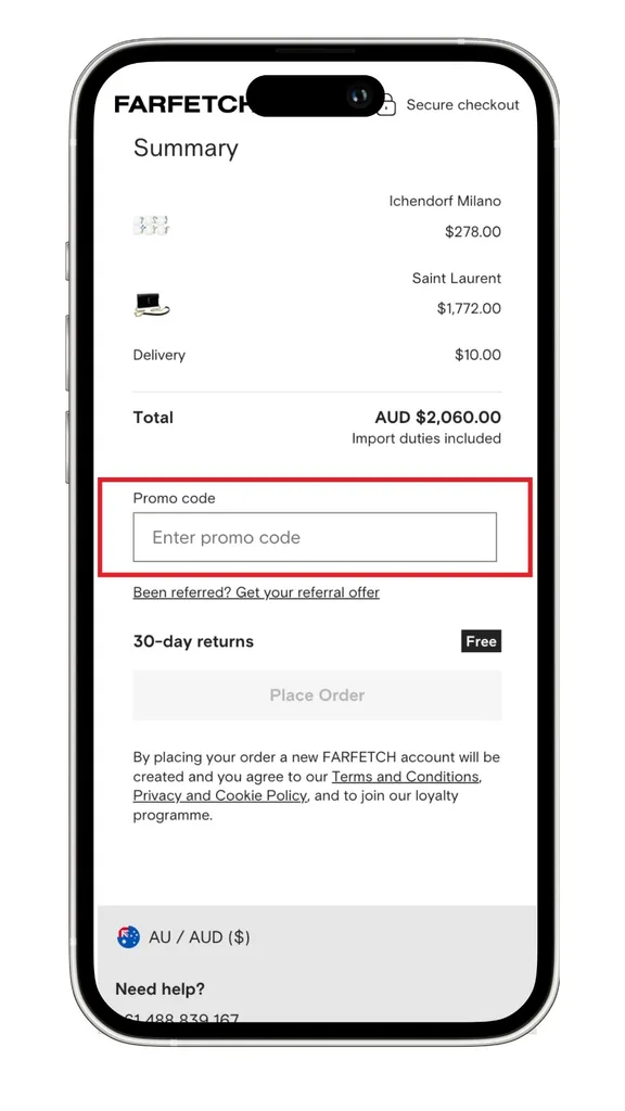 Farfetch discount code field at checkout