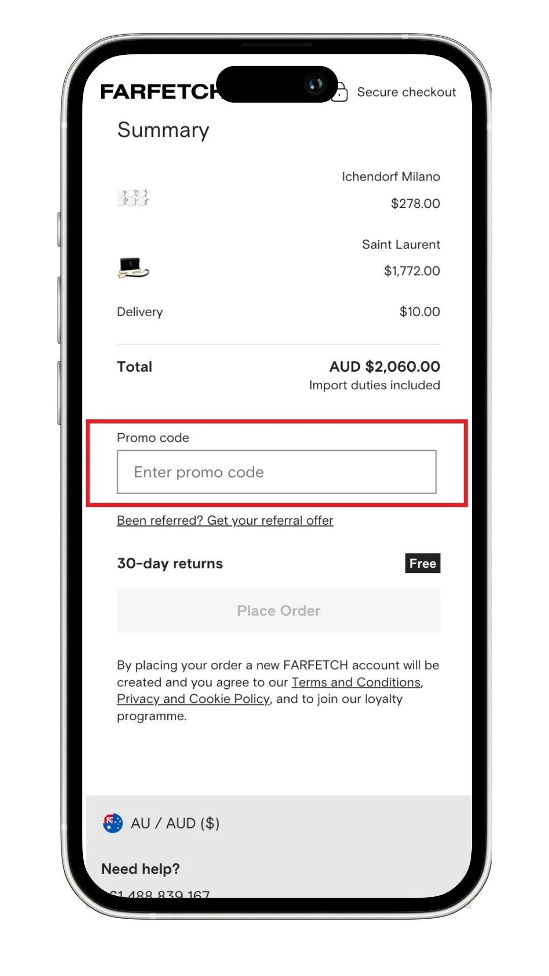 Farfetch discount code field at checkout