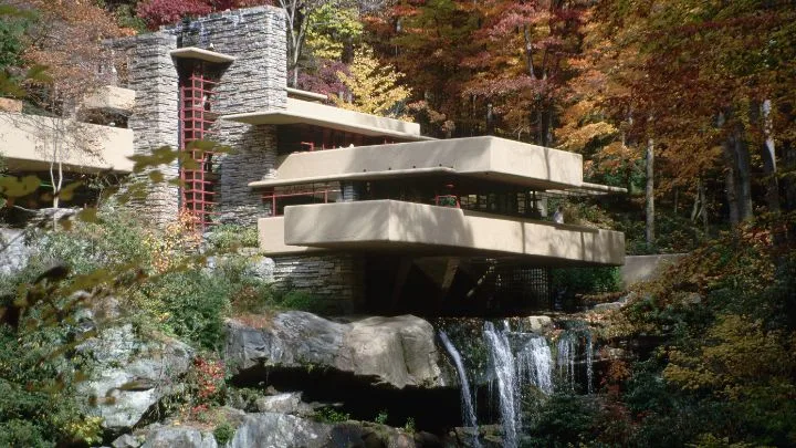 Frank Lloyd Wright's Fallingwater home, a modernist piece of architecture built into rock over a waterfall