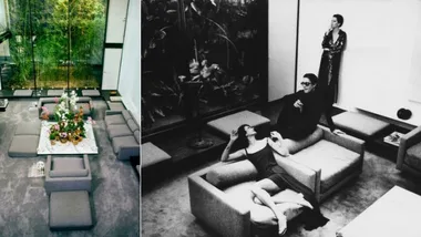 Two images side by side, one of Halston's grey living room, the other a black and white photograph of fashion designer Halston, seated on top of an arm chair, with Betsy Theodoracopulos, seated in an arm chair, and Elsa Peretti leaning against a wall in Halston House living room in 1975.
