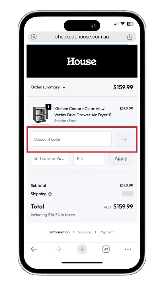 The House discount code field at the checkout.