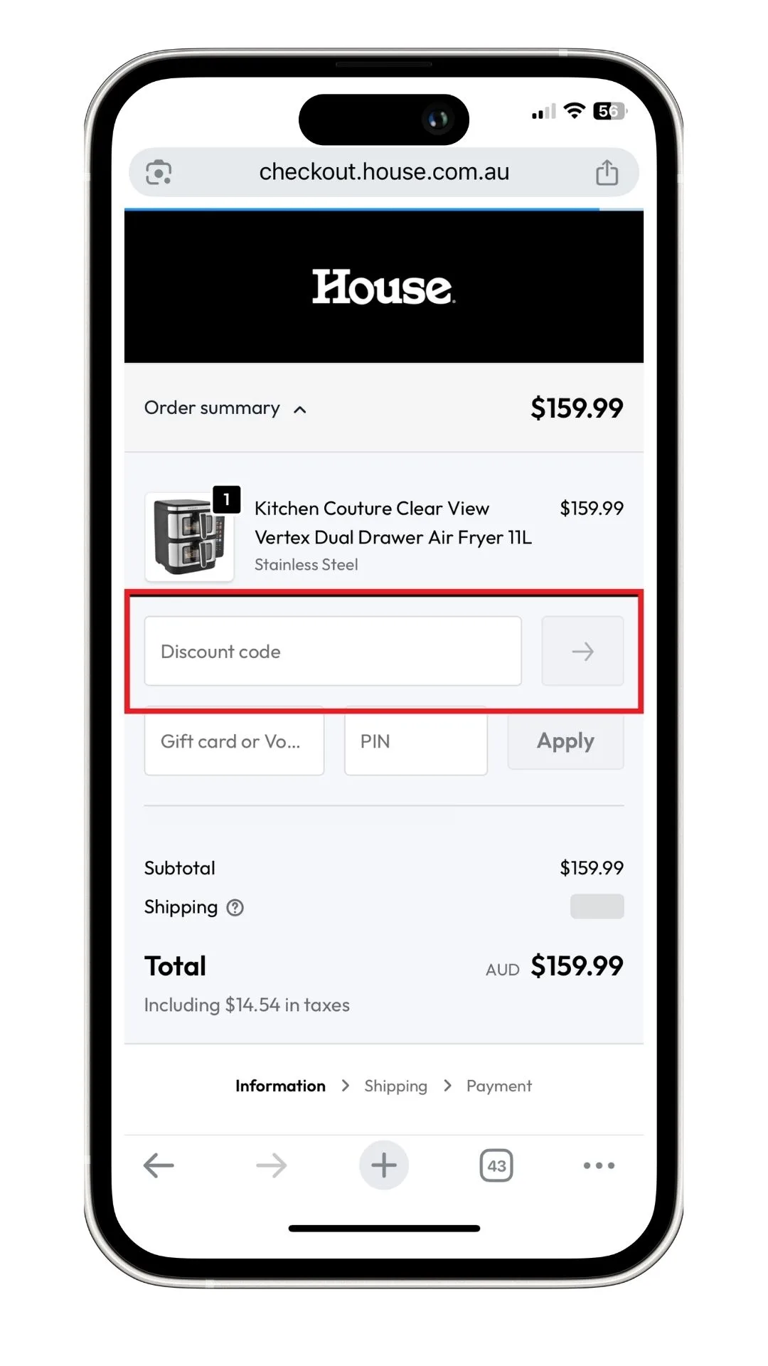 The House discount code field at the checkout.