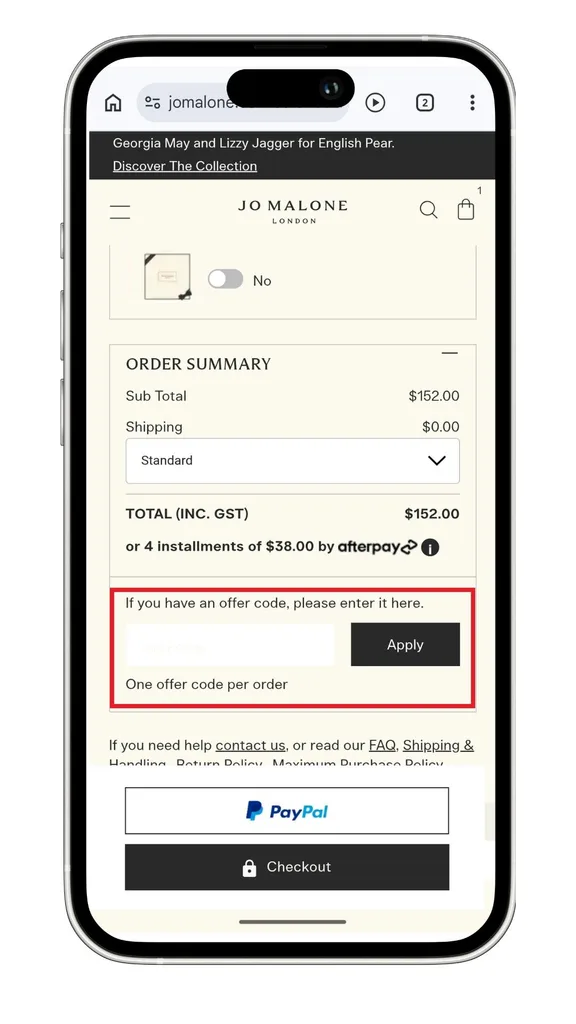 The Jo Malone discount code field at checkout