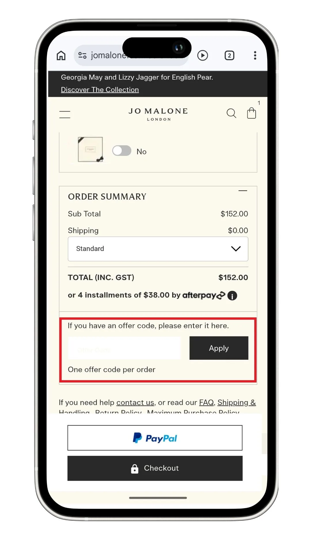 The Jo Malone discount code field at checkout
