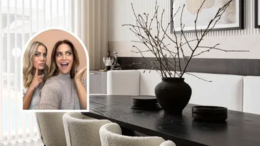 Alisa and Lysandra pictured inset of a dining room image with a black table, white boucle dining chairs, and a black vase filled with ornamental twigs.