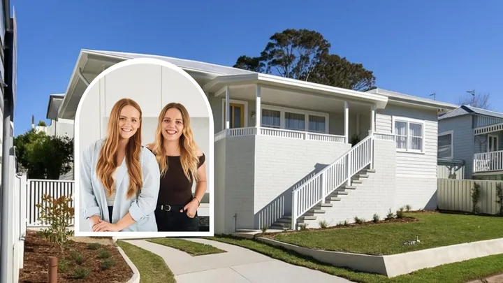 Maddy and Charlotte Harry with their Newcastle house flip facade