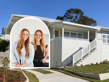 Maddy and Charlotte Harry with their Newcastle house flip facade