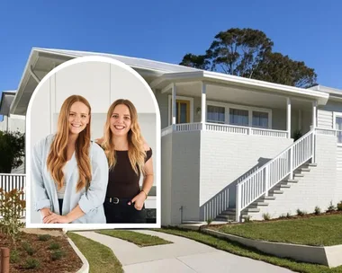 Maddy and Charlotte Harry with their Newcastle house flip facade