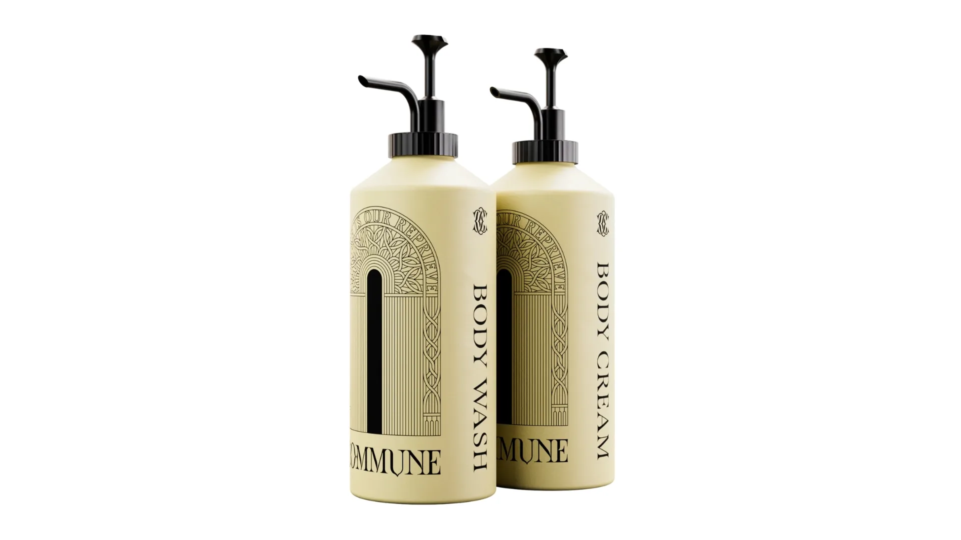 Body wash and body cream in gold containers with black pumps.