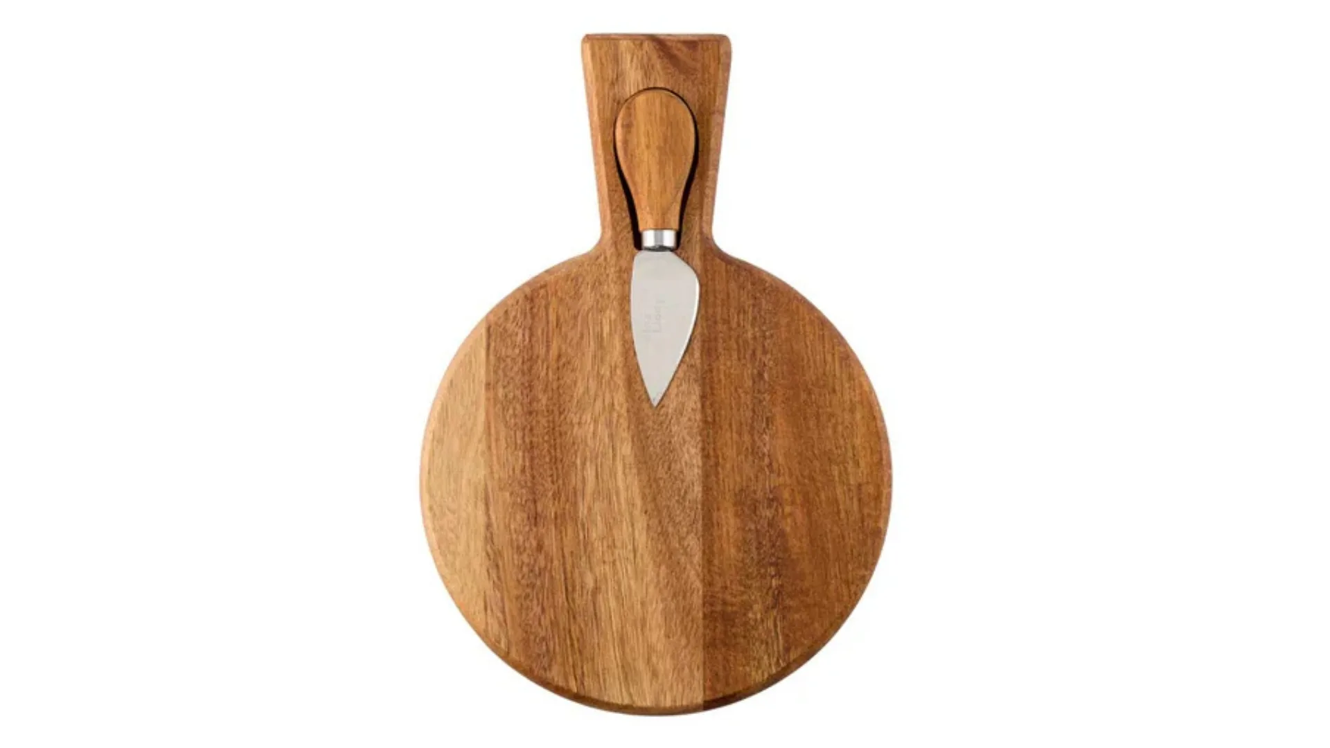 A wooden cheeseboard with matching cheese knife.