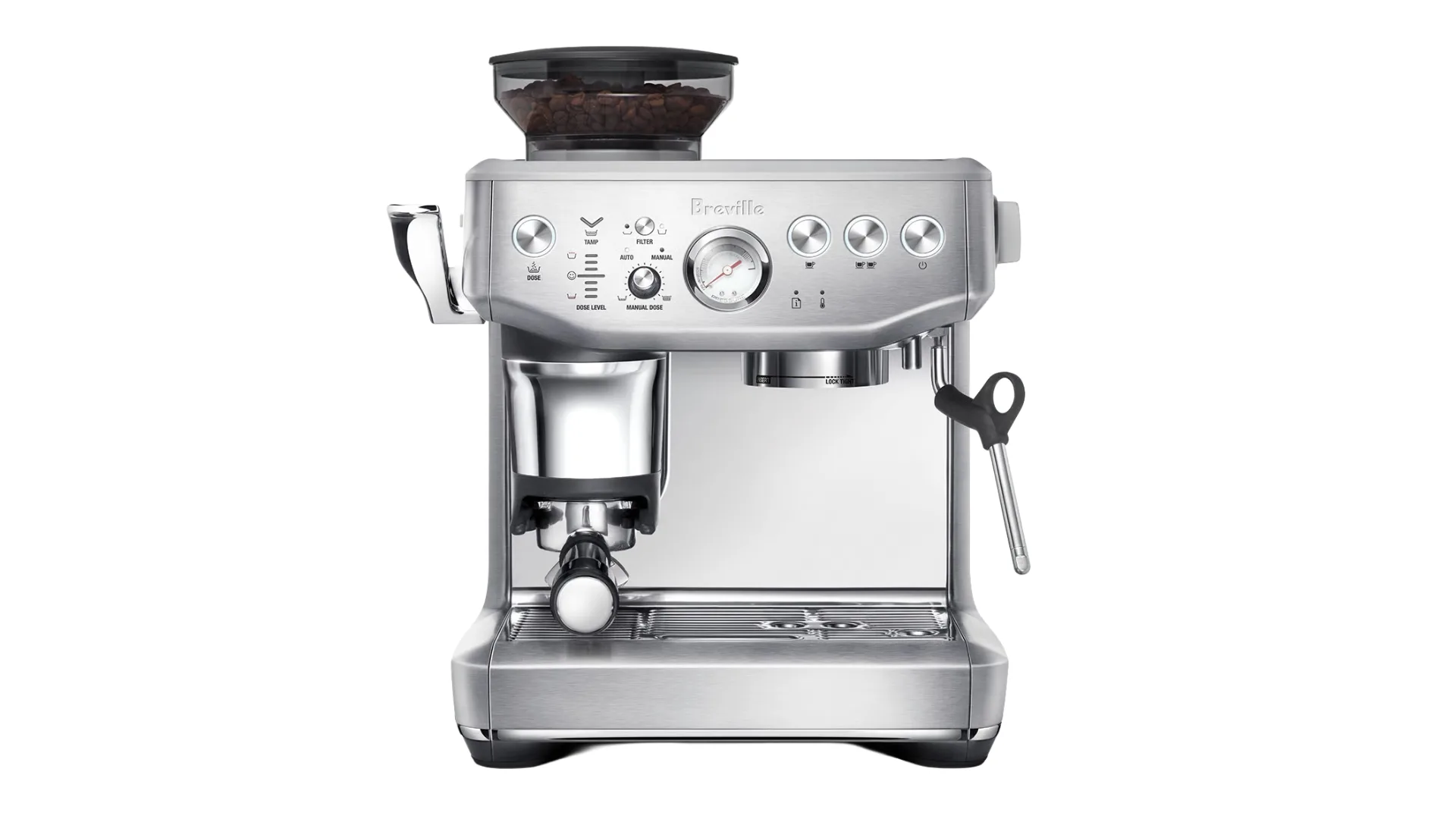 A stainless steel coffee machine from Breville with attached grinder.