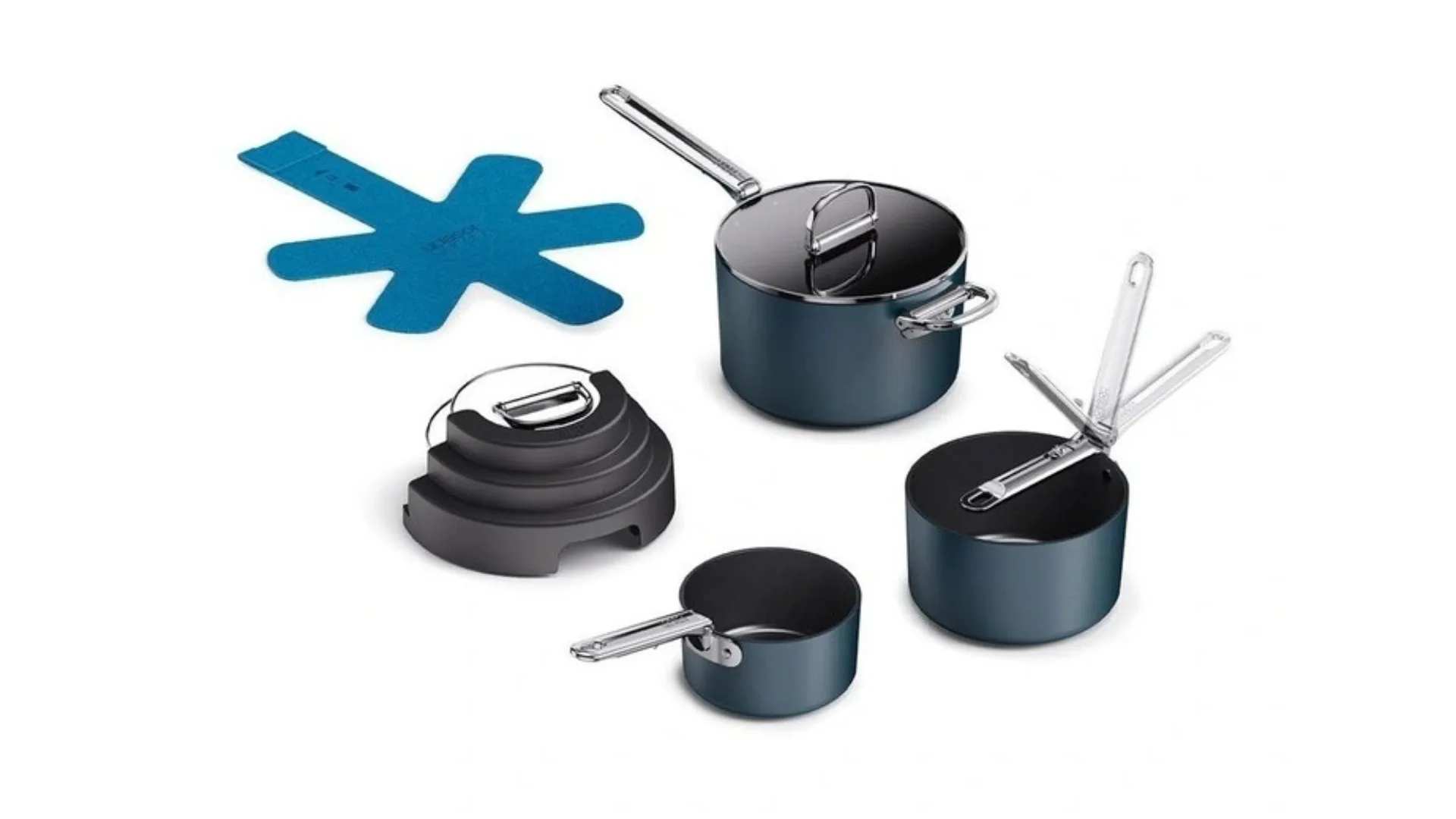 A cookware set with three pieces of cookware in a deep blue shade with silver handles and lids.