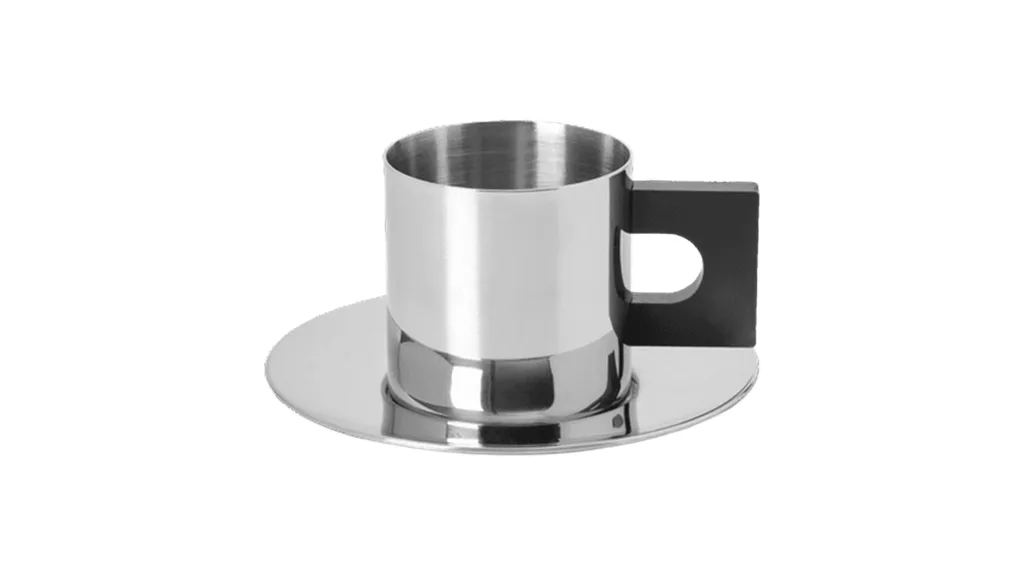 A stainless steel cup and saucer. Very modern.