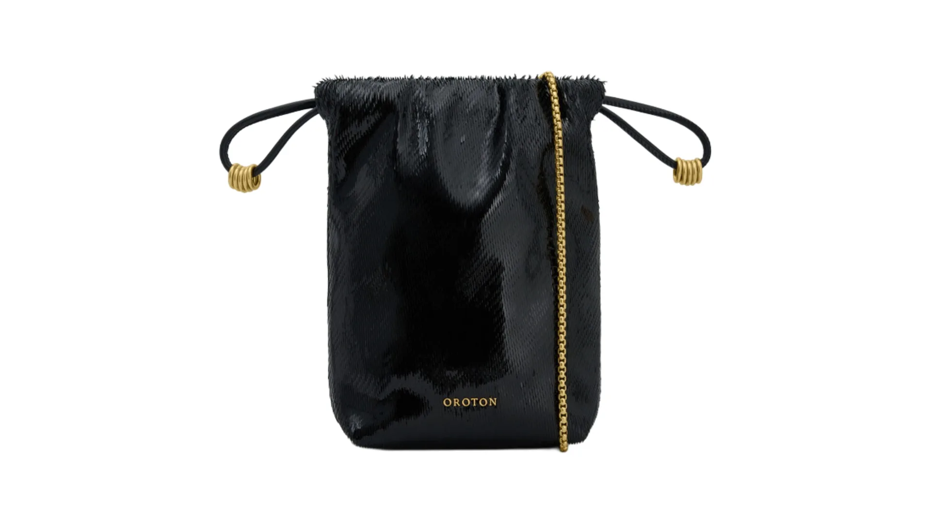 A black drawstring pouch from Oroton.
