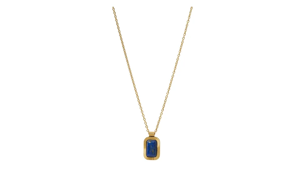 A gold necklace with lapis lazuli in the middle.