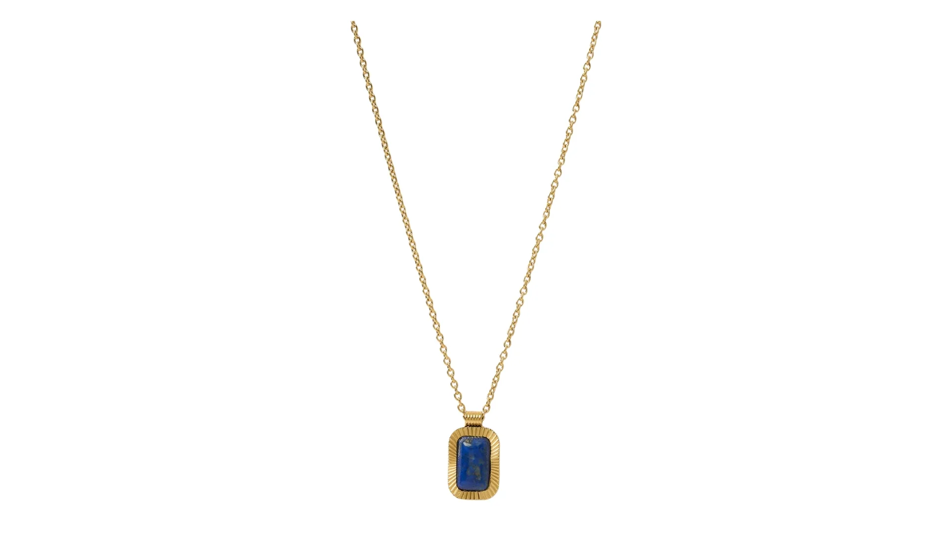 A gold necklace with lapis lazuli in the middle.