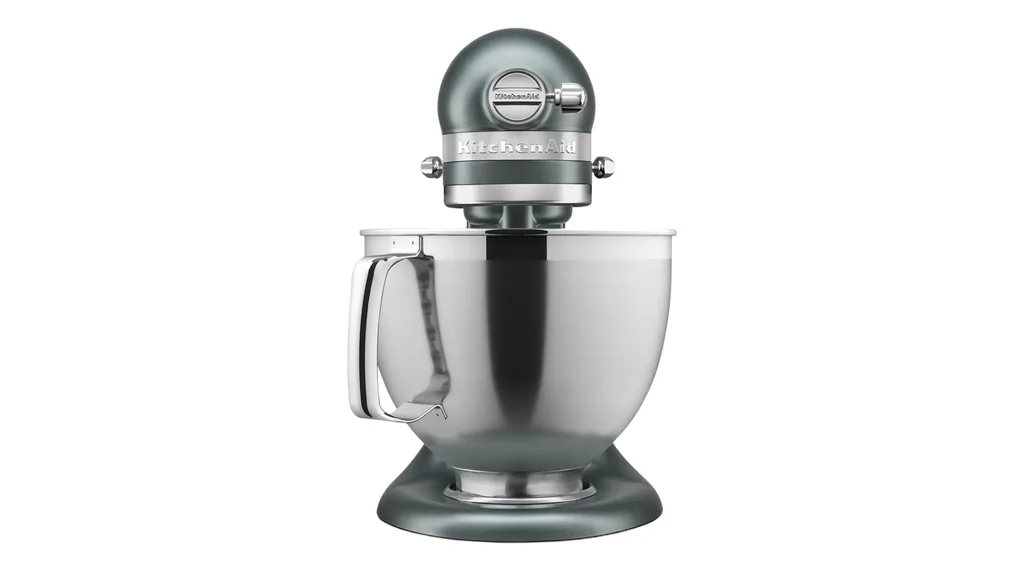 Silver, slightly green KitchenAid Stand Mixer.