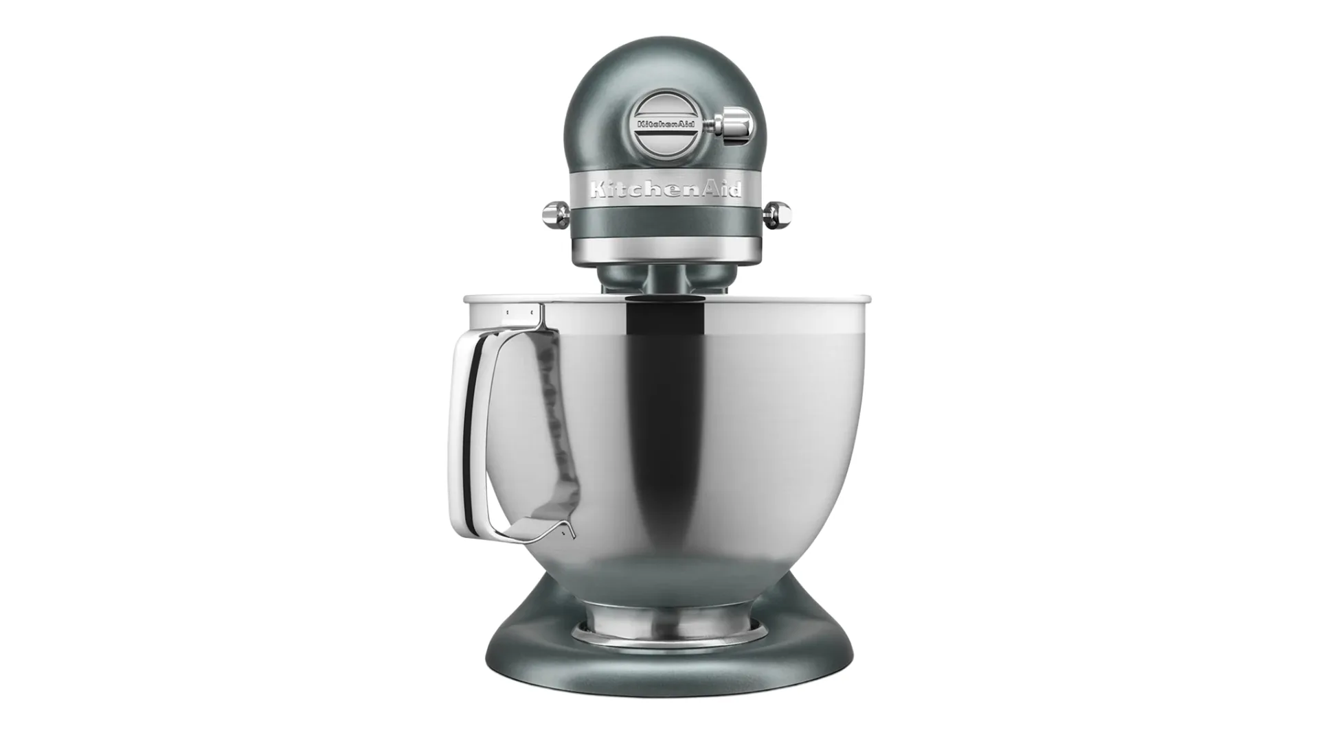 Silver, slightly green KitchenAid Stand Mixer.