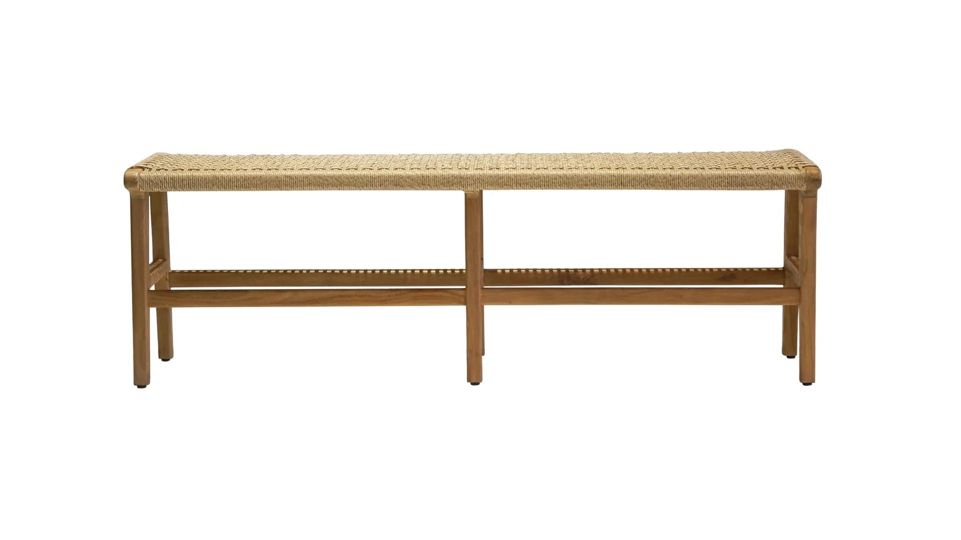 A rattan bench seat with timber legs.