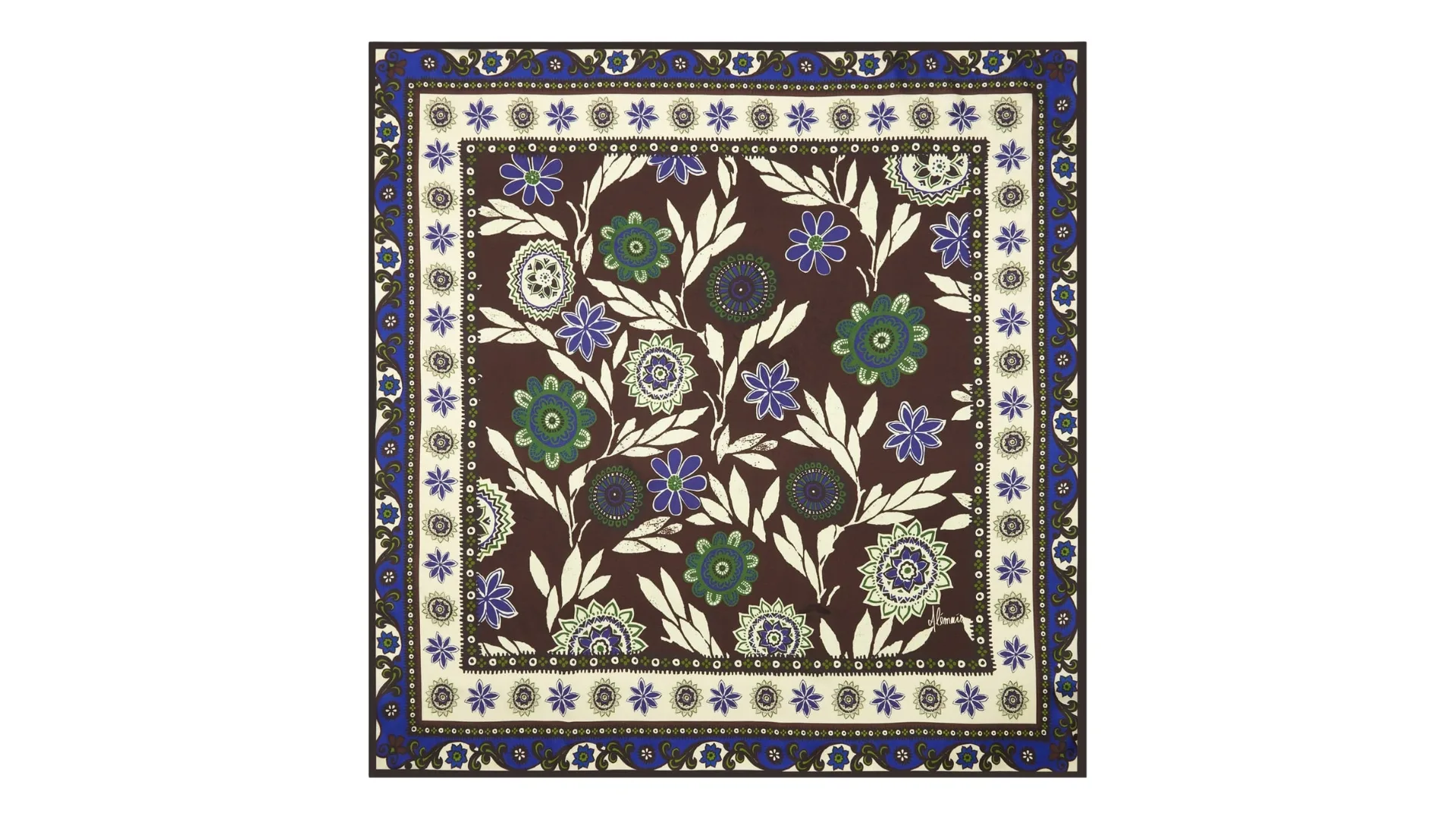 A silk scarf which can be worn as a top with blue and deep chocolate brown floral pattern.
