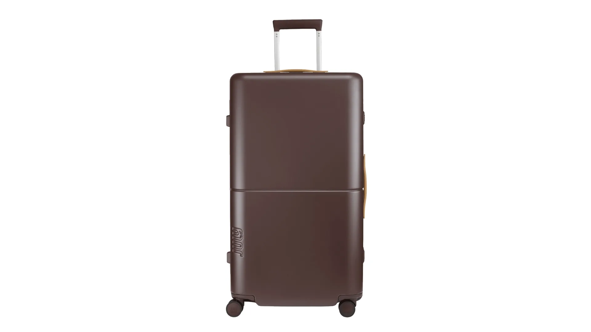 A deep brown coloured suitcase on wheels.