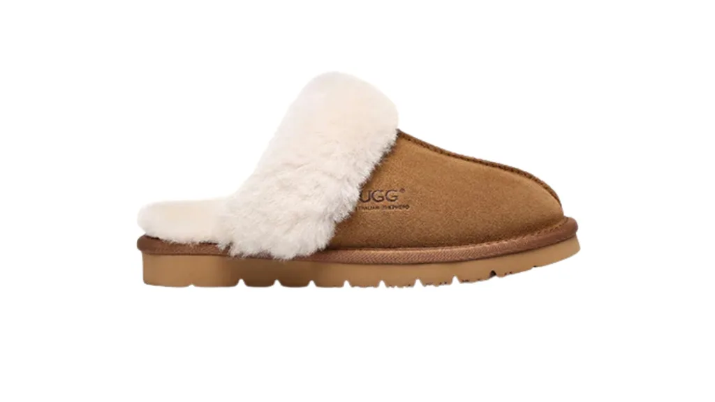 Ugg slippers in a Chestnut shade with white wool.
