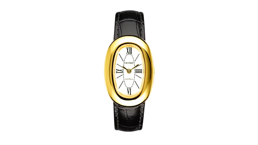 A gold watch with a white face, roman numerals for numbers and a black band.