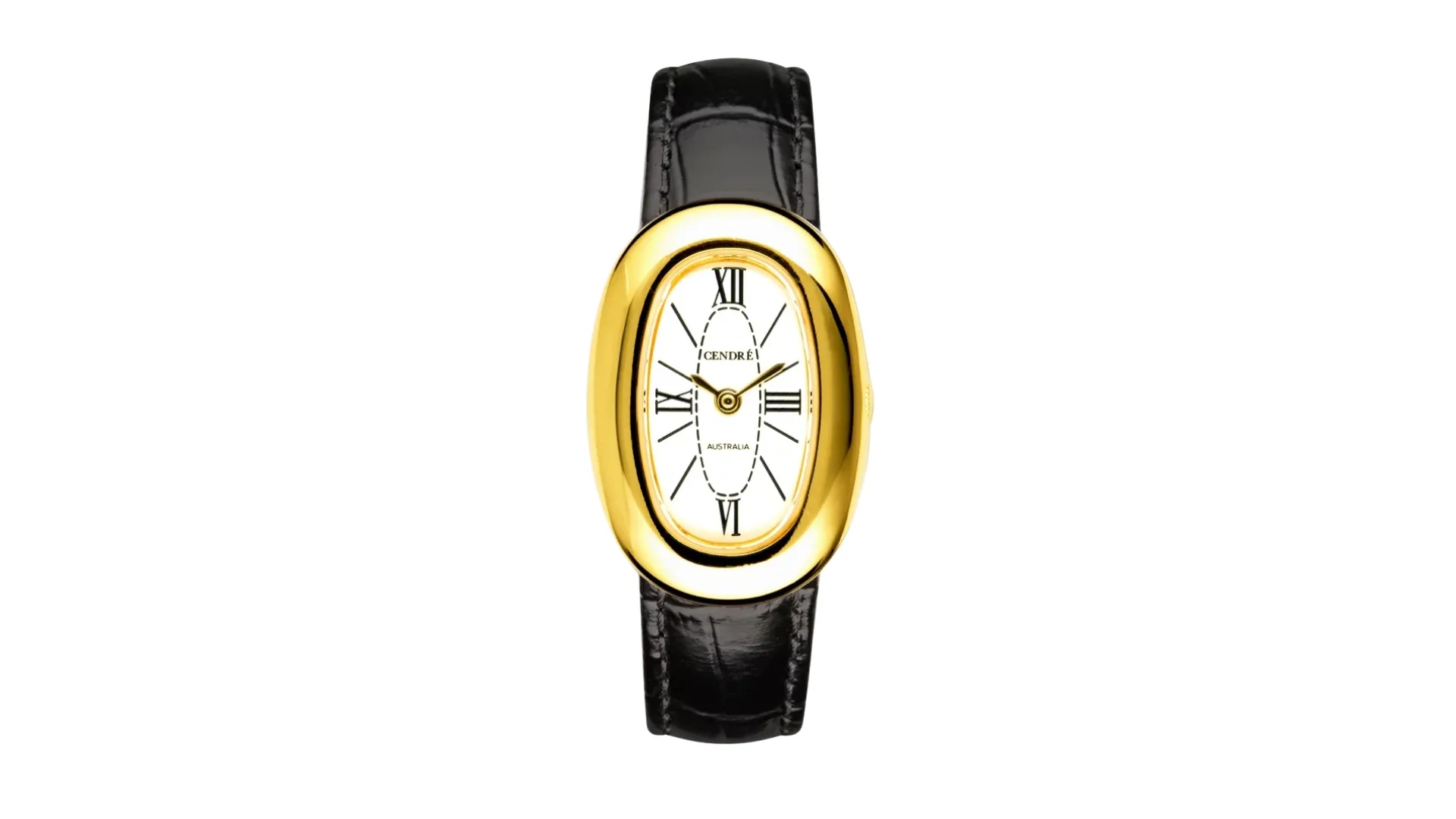 A gold watch with a white face, roman numerals for numbers and a black band.