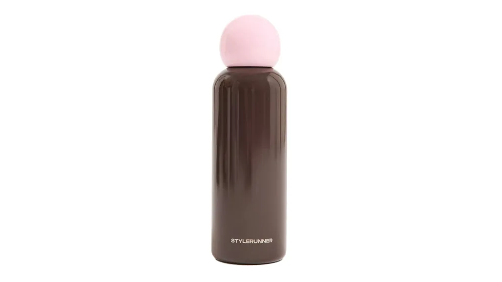 A brown and pink reusable water bottle.