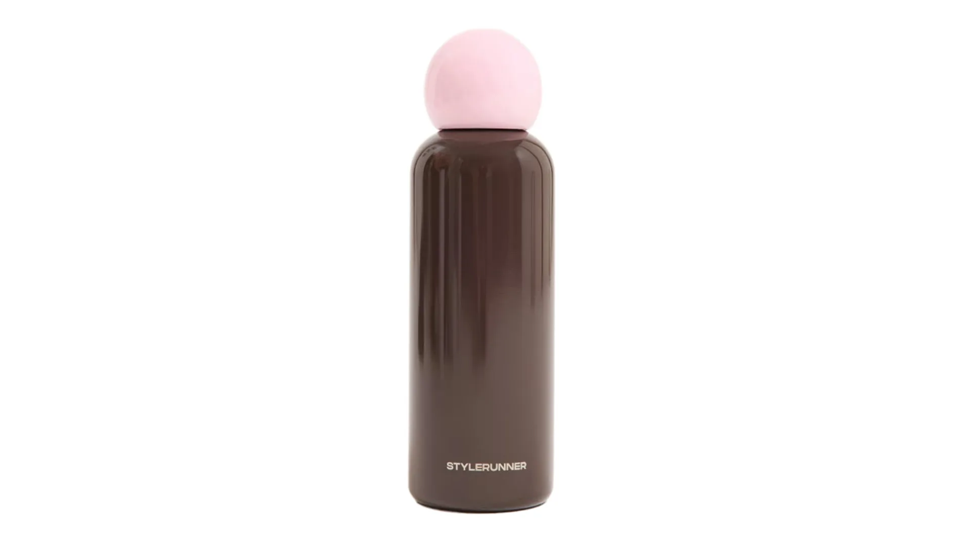 A brown and pink reusable water bottle.