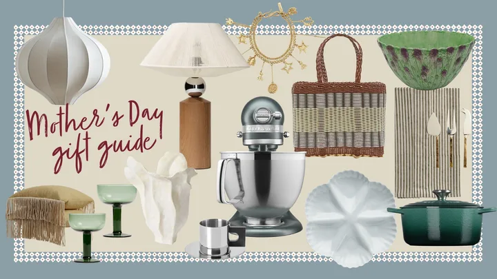 A collage of products, including lamps, woven bags, vases, cookware and glassware. The text on the image says 'Mother's Day gift guide' as these are all suggested gifts for mum.